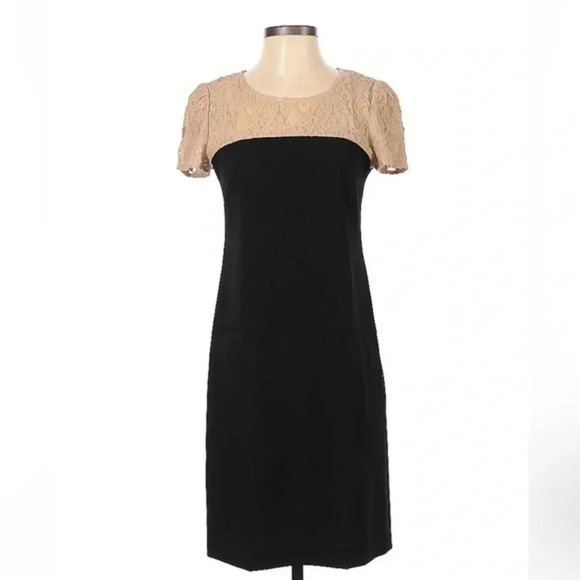 DKNY Y2K Black & Tan Floral Lace Overlay Classic Sheath Cocktail Dress Size 2 DKNY Y2K Black & Tan Floral Lace Overlay Classic Sheath Cocktail Dress Size 2
